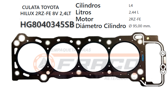 JUNTA DE CULATA TOYOTA HILUX F/I 2RZ-E 2.4 85UP
