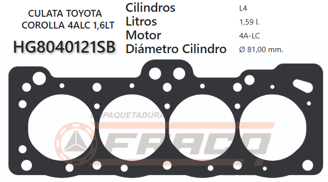 JUNTA DE CULATA TOYOTA COROLLA 4AC 1.6 83/85