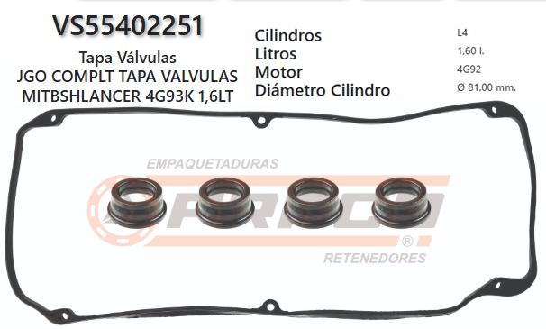JUNTA DE T/VALVULA MITSUBISHI MIRAGE / COLT 4G92/3 1.6L 96/03 SET
