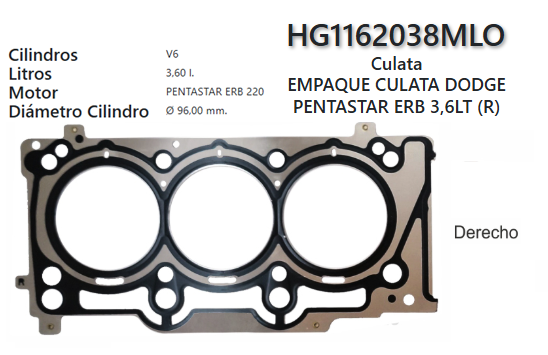 JUNTA DE CULATA JEEP GRAND CHEROKEE, WRANGLER, 220, 3.6L 11/UP (DER)