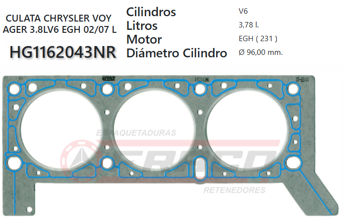 JUNTA DE CULATA CHRYSLER / DODGE CARAVAN, 231, 3.8L, 04/10 (DER)