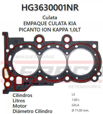 JUNTA DE CULATA KIA PICANTO G3LA, 3 CIL 1.0L EKOT 2013/UP