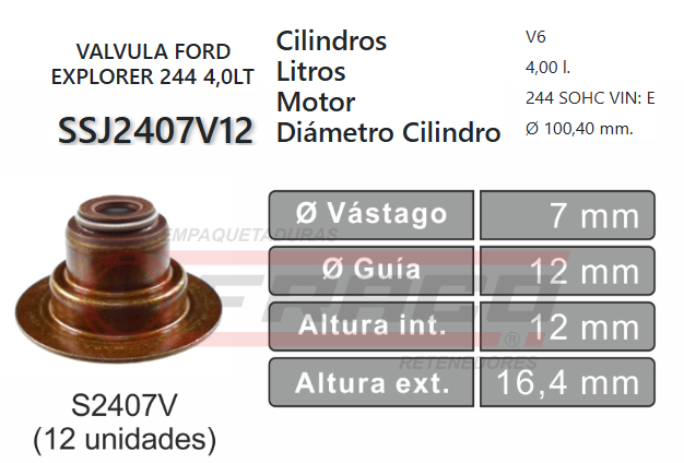 JUNTA DE SELLOS VALV FORD EXPLORER 244 4.0 99/03 (12 Und)