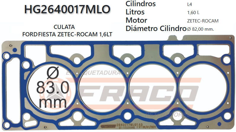 JUNTA DE CULATA FORD KA FIESTA, ZETEC, IKON, 1.6L, 01/11