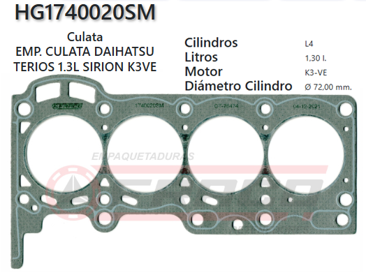 JUNTA DE CULATA DAIHATSU SIRION TERIOS K3-VE 1.3 00/UP (2.0mm)