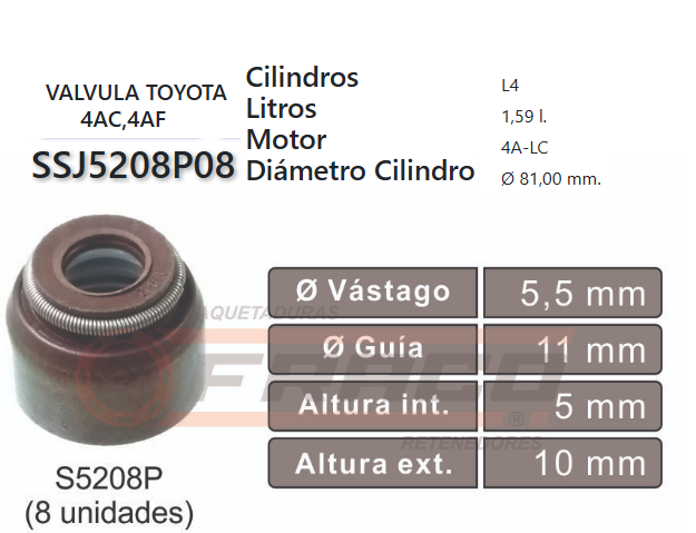 JUNTA DE SELLOS VALV TOYOTA 4A/4AF,2/3E,3/5S,7MG 2TZ CHEV.151R 2.5 (8und.)