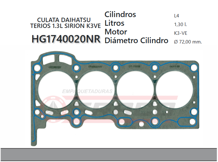JUNTA DE CULATA DAIHATSU SIRION TERIOS K3-VE 16V 1.3, 2000 UP