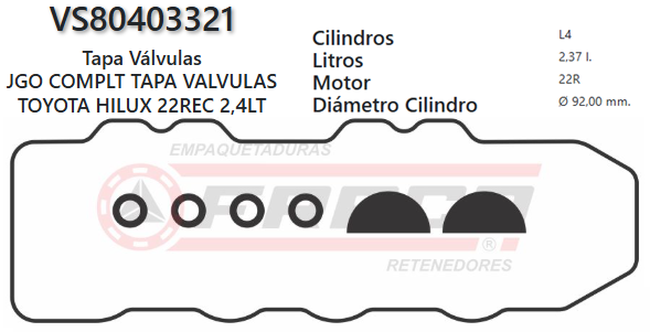 JUNTA DE T/VALVULA TOYOTA HI-LUX 22R 2.4L 82/UP +4 SELLOS Y 2 MEDIA LUNA
