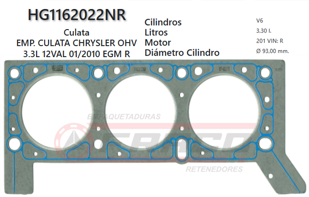 JUNTA DE CULATA CHRYSLER CARAVAN OHV 3.3L, EGM, 12VAL, 01/10 (DER)