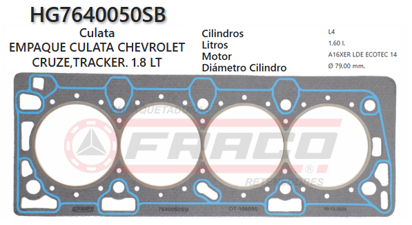 JUNTA DE CULATA CHEVROLET SONIC, CRUZE, TRACKER A18XER 1.6/1.8 05/UP