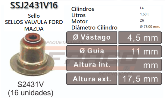 JUNTA DE SELLOS VALV MAZDA / (FORD), 6 / 3 (ECOSPORT) LF (CJBA)  2.0L / 2.3L 00/20 (16UN