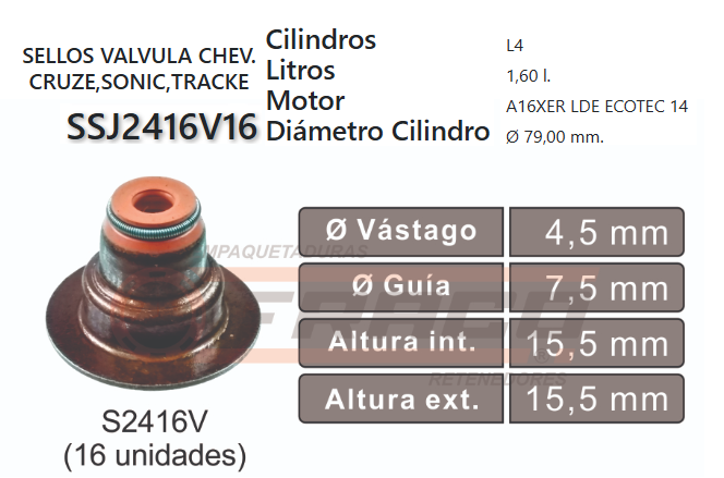 JUNTA DE SELLOS VALV CHEVROLET SONIC, CRUZE, TRACKER A18XER 1.6/1.8 05/UP