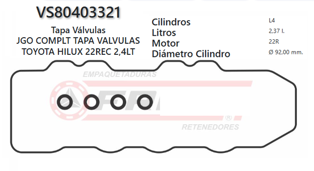 JUNTA DE T/VALVULA TOYOTA HI-LUX 22R 2.4L 82/UP + 4 SELLOS