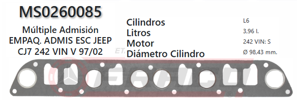 JUNTA DE ADM Y ESCAPE JEEP CHEROKEE, WANGLER 242 4.0L, 97/02