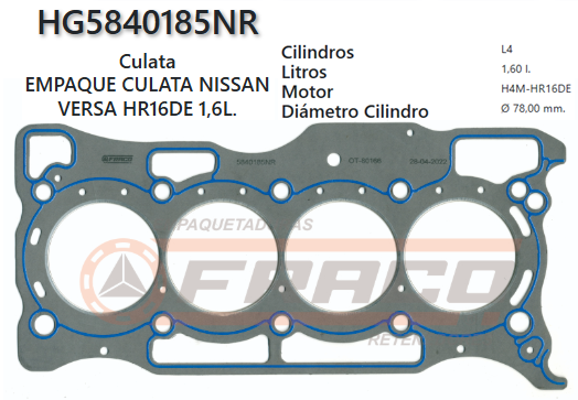JUNTA DE CULATA NISSAN TIIDA / MARCH HR16DE 1.6L 06/UP (1.15MM)
