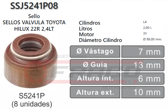 JUNTA DE SELLOS VALV TOYOTA HILUX, 4RUNNER 3Y, 22R 2.0/2.4L 80/UP