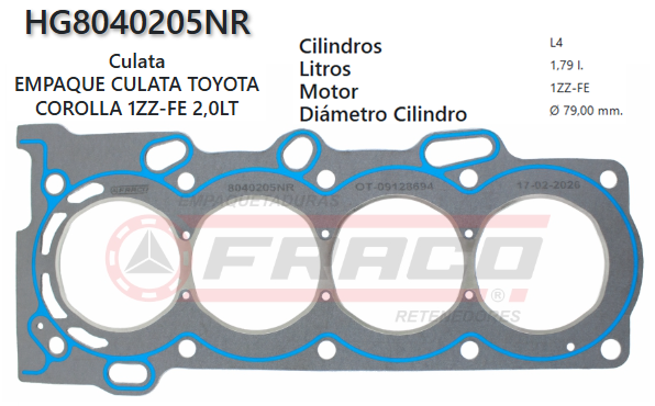 JUNTA DE CULATA TOYOTA COROLLA 16VAL.1ZZ-FE 99/05