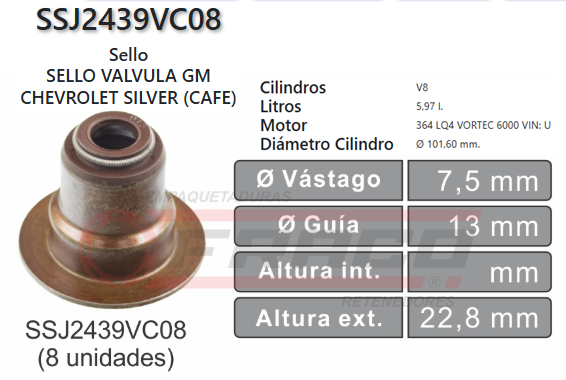 JUNTA DE SELLOS VALV CHEVROLET SILVERADO,SUBURBAN,SIERRA 293 4.8/5.3/6.0L 04/20 7.5*13*0*