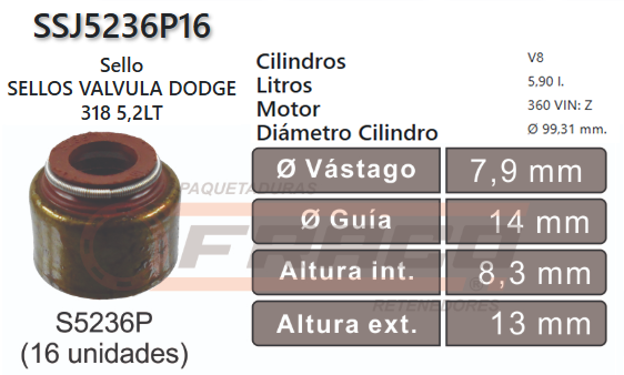 JUNTA DE SELLOS VALV CHRYSLER JEEP CHEROKEE 318/360 93/98 (16UND) 7.9*14*13mm