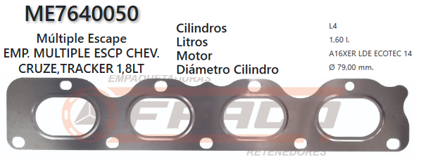 JUNTA DE ESCAPE. CHEVROLET SONIC, CRUZE, TRACKER A18XER 1.6/1.8 05/UP