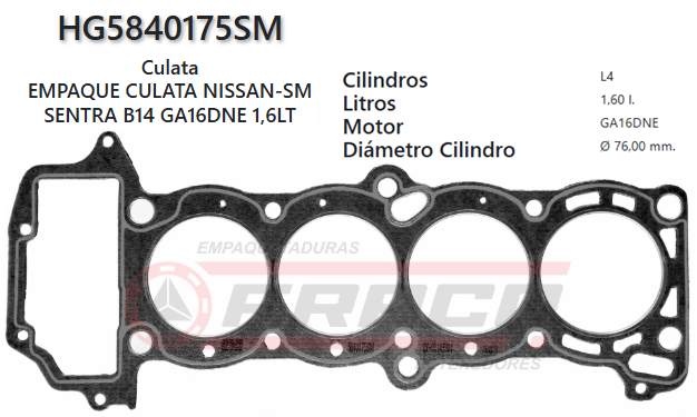 JUNTA DE CULATA NISSAN SENTRA GA16DNE B14 91/94 (2.0mm)