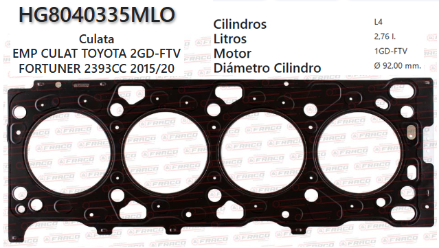 JUNTA DE CULATA TOYOTA HILUX, FORTUNER, 2GD-FTV, DIESEL, 2.4L, 15/20