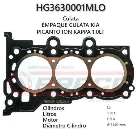 JUNTA DE CULATA KIA PICANTO G3LA, 3 CIL 1.0L EKOT 2013/UP