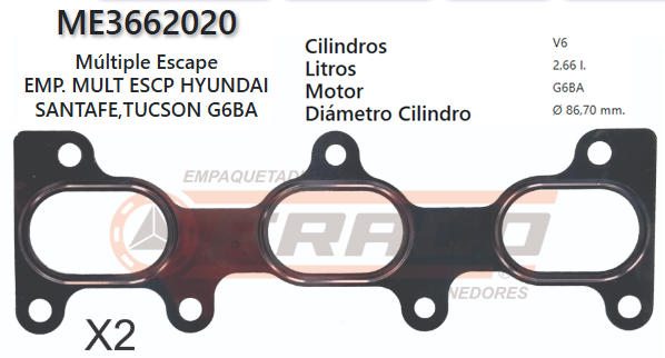 JUNTA DE ESCAPE. HYUNDAY / KIA SANTA FE, TUCSON, SONATA 6GBA 2.7L, 98 (X2)