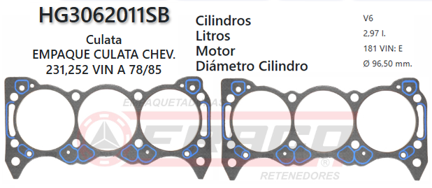 JUNTA DE CULATA CHEVROLET CENTURY 181, 3.0L  82/85