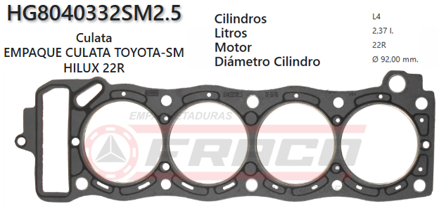 JUNTA DE CULATA TOYOTA HI-LUX 22R 85/95 (SUPER GRUESA 2.5MM)