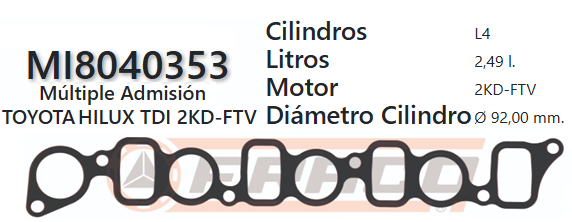JUNTA DE ADMISION TOYOTA HI-LUX 2KD-FTV 2.5 04/UP
