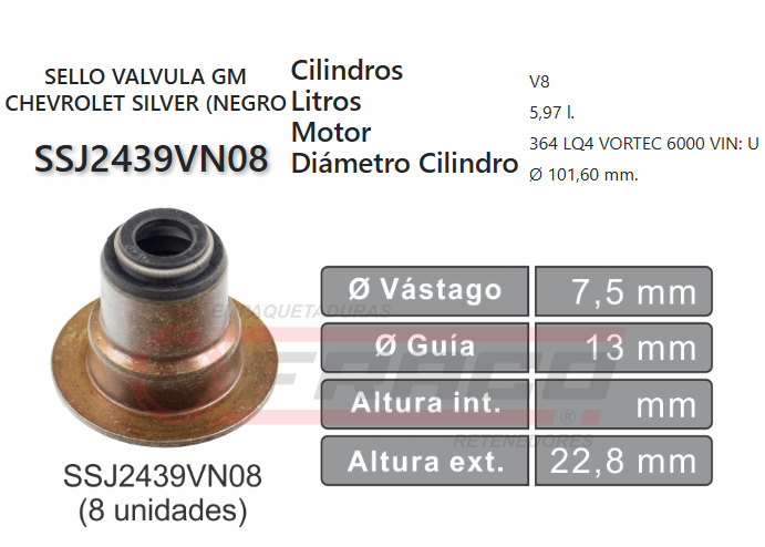 JUNTA DE SELLOS VALV CHEVROLET SILVERADO,SUBURBAN,SIERRA 293 4.8L 7.5*13*0*22.8 (NEGRO)