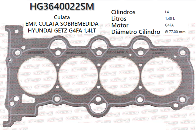 JUNTA DE CULATA HYUNDAI GETZ, I20, I30 G4FA 1.6L 06/UP