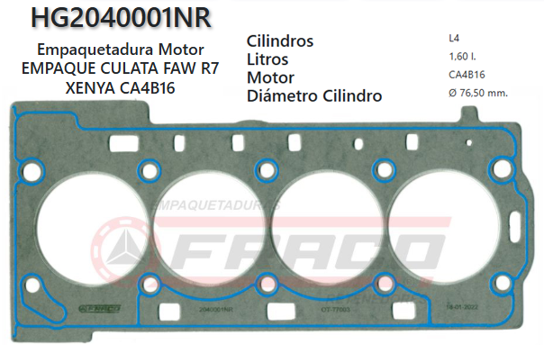 JUNTA DE CULATA FAW R7, XEYA, CA4B16, 1.6L (1.4mm)