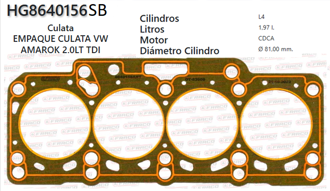 JUNTA DE CULATA VOLKSWAGEN AMAROK TDI CDCA / CKTB 10/UP