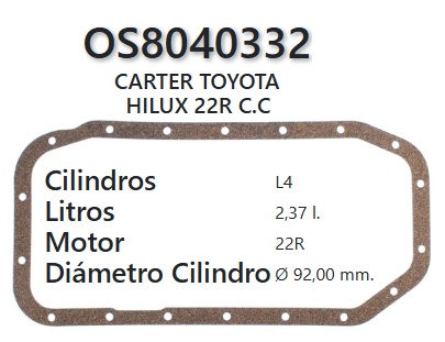 JUNTA DE CRANK TOYOTA HI-LUX 20/21/22R 2.2/2.4 74/UP 8VAL