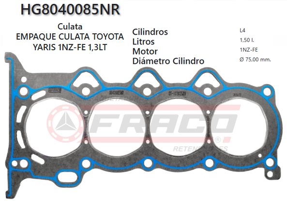 JUNTA DE CULATA TOYOTA COROLLA/YARIS 1/2NZ, 00/UP