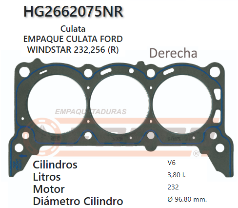 JUNTA DE CULATA FORD WINDSTAR, F-150 232  3.8/4.2L 96UP (DER)